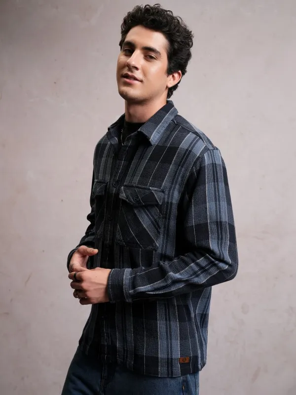  Locomotive Men Navy Blue Checked Oversized Fit Casual Shirts