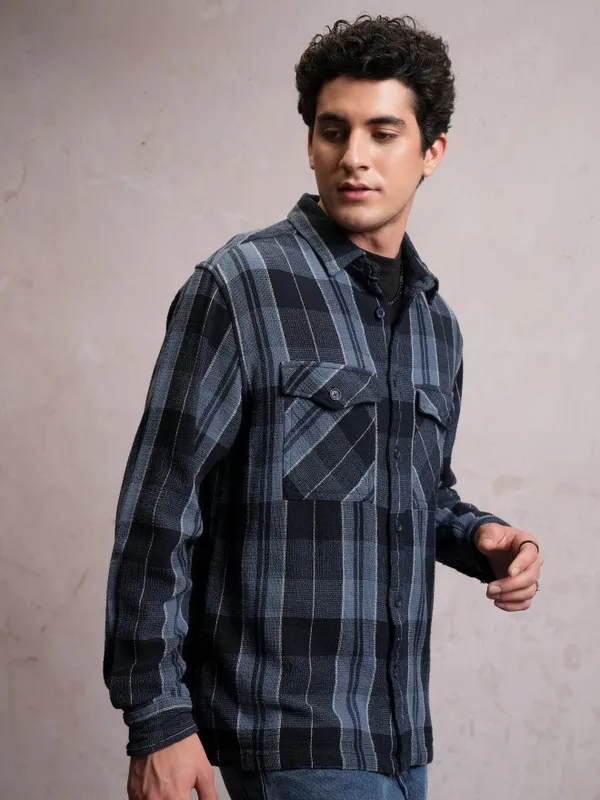  Locomotive Men Navy Blue Checked Oversized Fit Casual Shirts