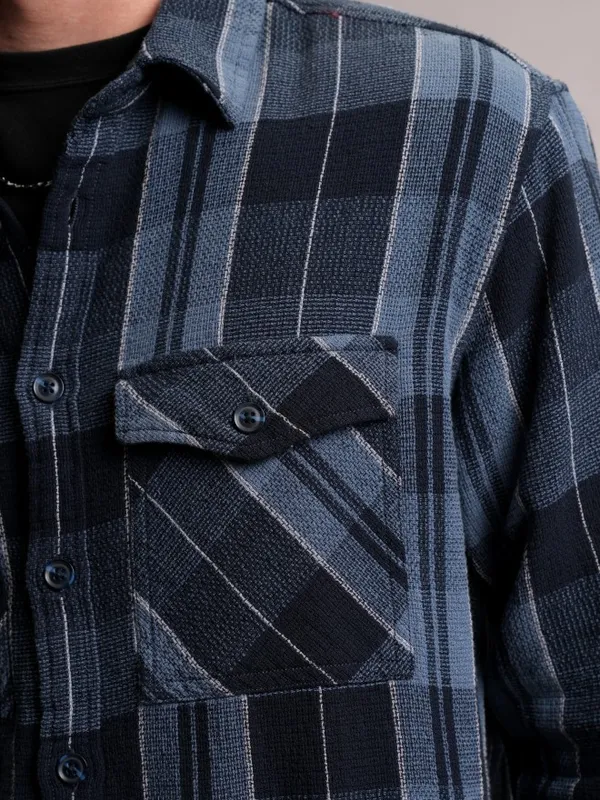  Locomotive Men Navy Blue Checked Oversized Fit Casual Shirts