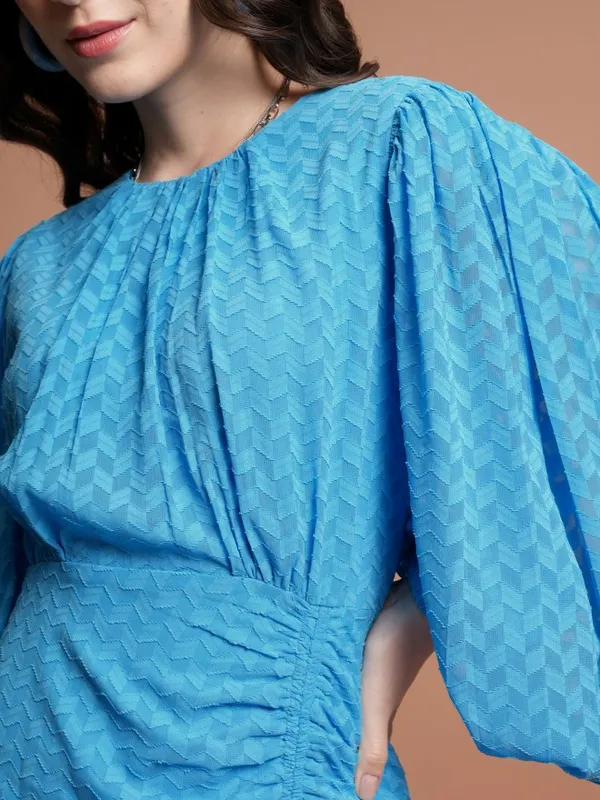 Tokyo Talkies Women Blue Self Design Fit And Flare Dress