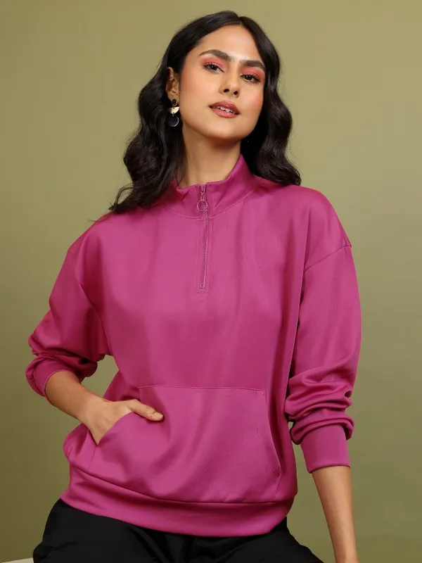  Tokyo Talkies Women Pink Solid Pullover High Neck Sweatshirts
