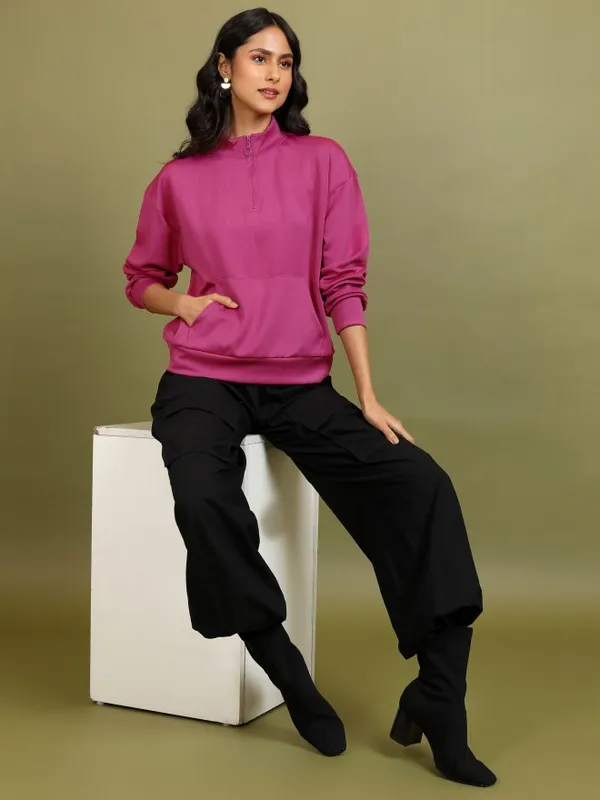  Tokyo Talkies Women Pink Solid Pullover High Neck Sweatshirts