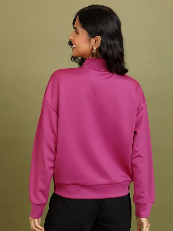  Tokyo Talkies Women Pink Solid Pullover High Neck Sweatshirts