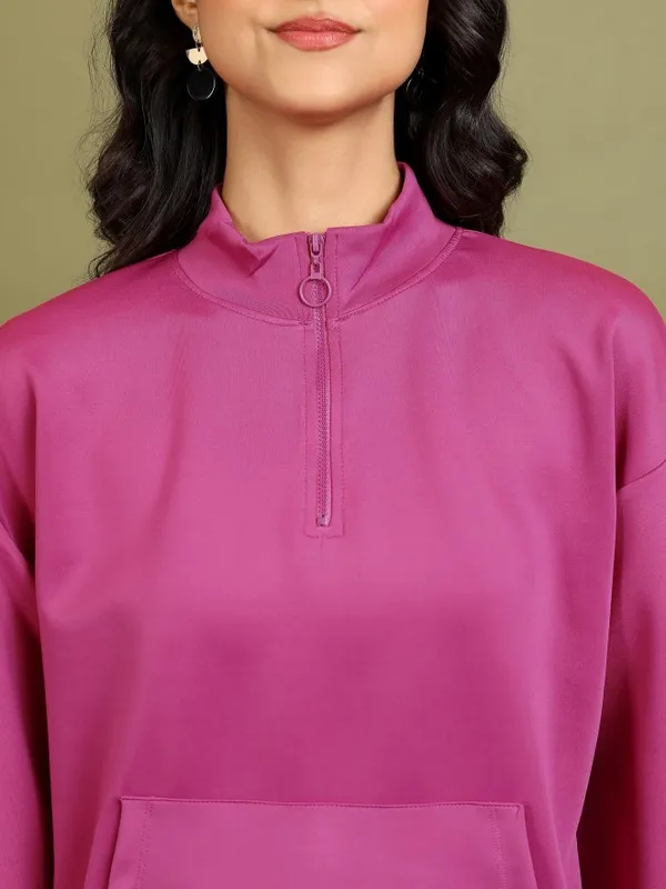  Tokyo Talkies Women Pink Solid Pullover High Neck Sweatshirts