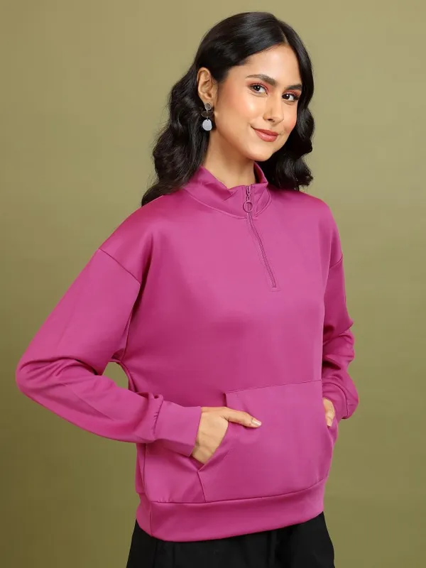  Tokyo Talkies Women Pink Solid Pullover High Neck Sweatshirts