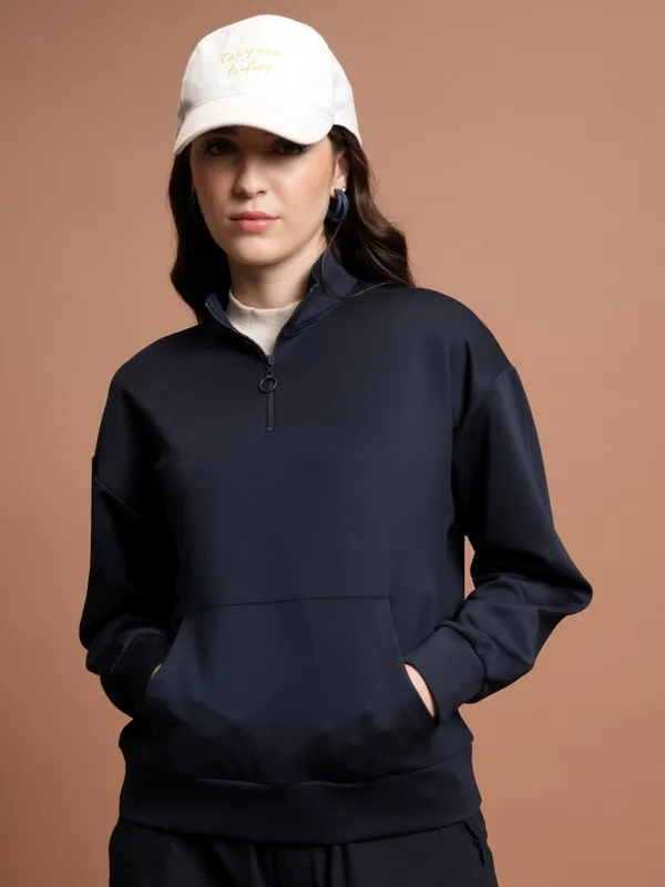  Tokyo Talkies Women Navy Blue Solid Pullover High Neck Sweatshirts