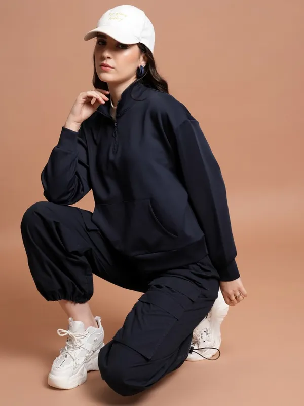  Tokyo Talkies Women Navy Blue Solid Pullover High Neck Sweatshirts