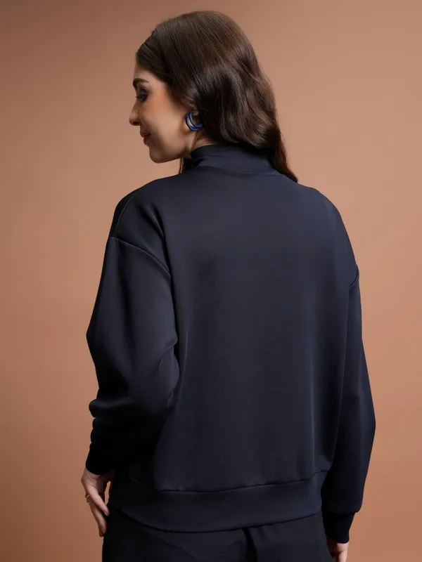  Tokyo Talkies Women Navy Blue Solid Pullover High Neck Sweatshirts
