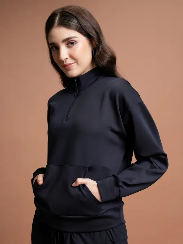  Tokyo Talkies Women Navy Blue Solid Pullover High Neck Sweatshirts