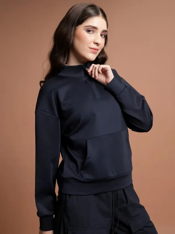  Tokyo Talkies Women Navy Blue Solid Pullover High Neck Sweatshirts