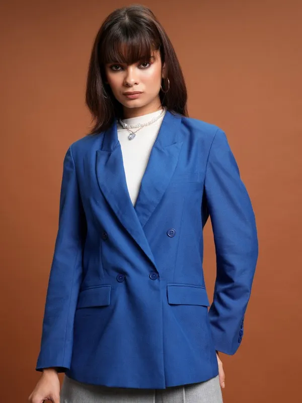 Tokyo Talkies Women Blue Double-Breasted Blazer