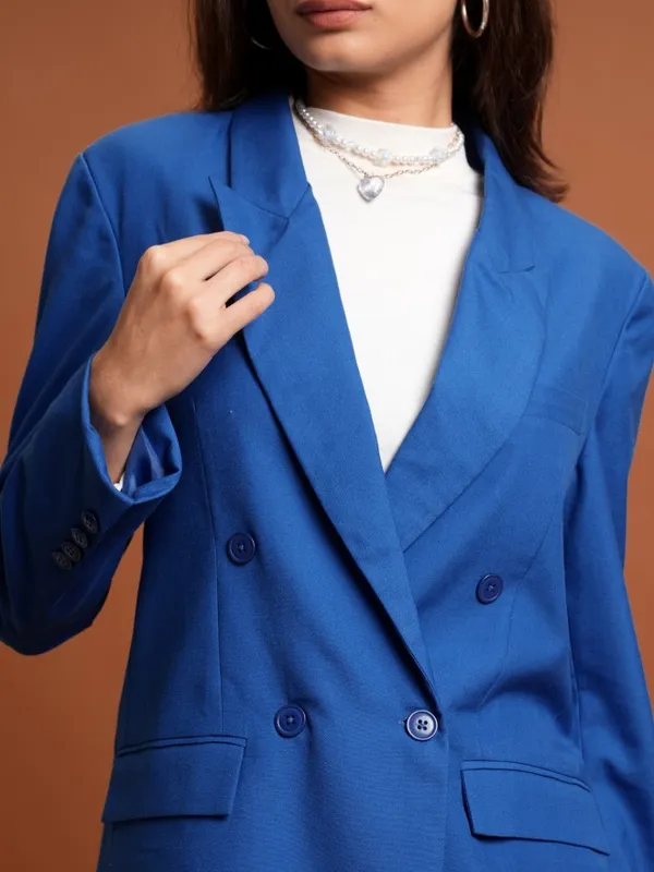 Tokyo Talkies Women Blue Double-Breasted Blazer