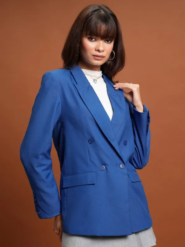 Tokyo Talkies Women Blue Double-Breasted Blazer