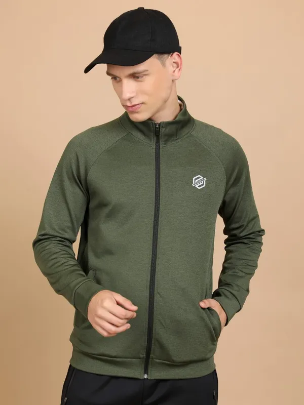  Highlander Men Green High Neck Front-Open Sweatshirts