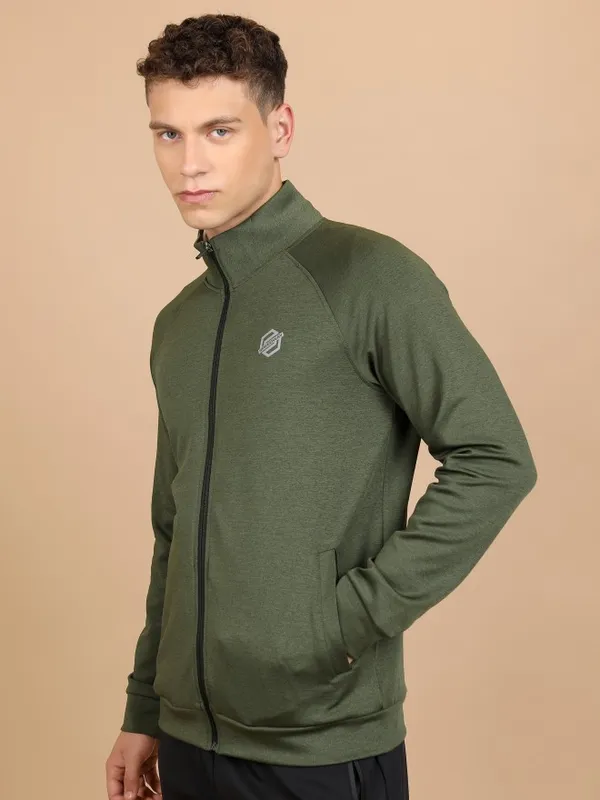  Highlander Men Green High Neck Front-Open Sweatshirts