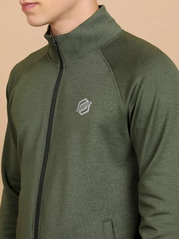  Highlander Men Green High Neck Front-Open Sweatshirts