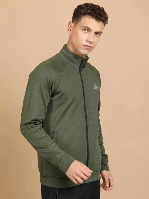  Highlander Men Green High Neck Front-Open Sweatshirts