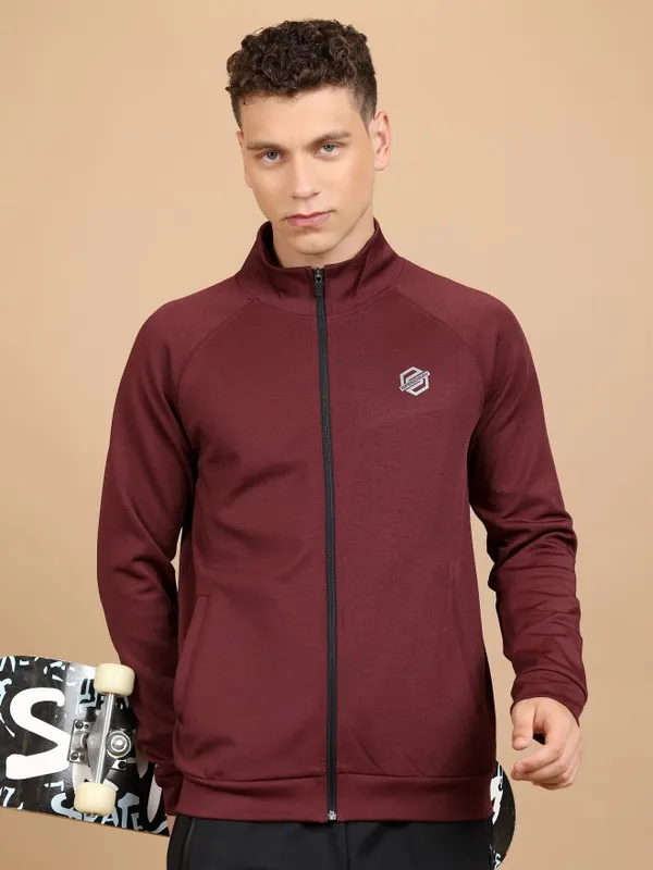  Highlander Men Maroon High Neck Front-Open Sweatshirts