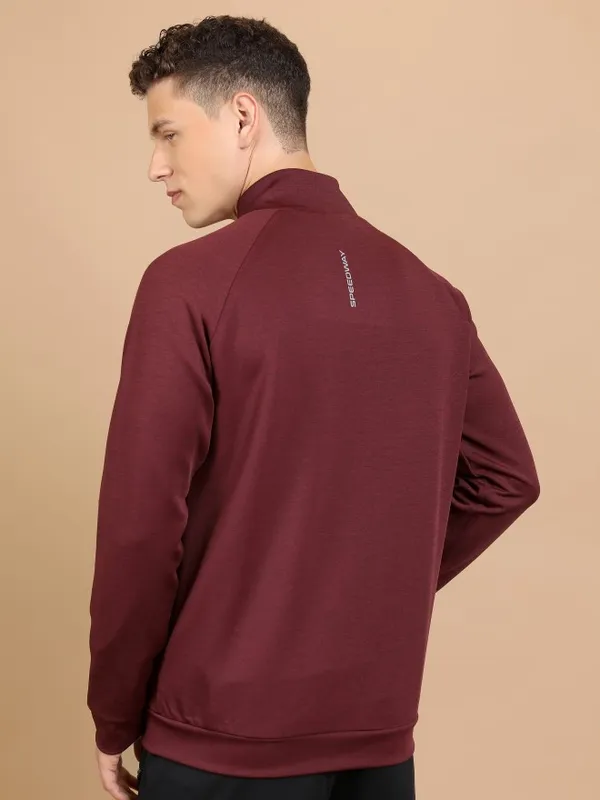 Highlander Men Maroon High Neck Front-Open Sweatshirts