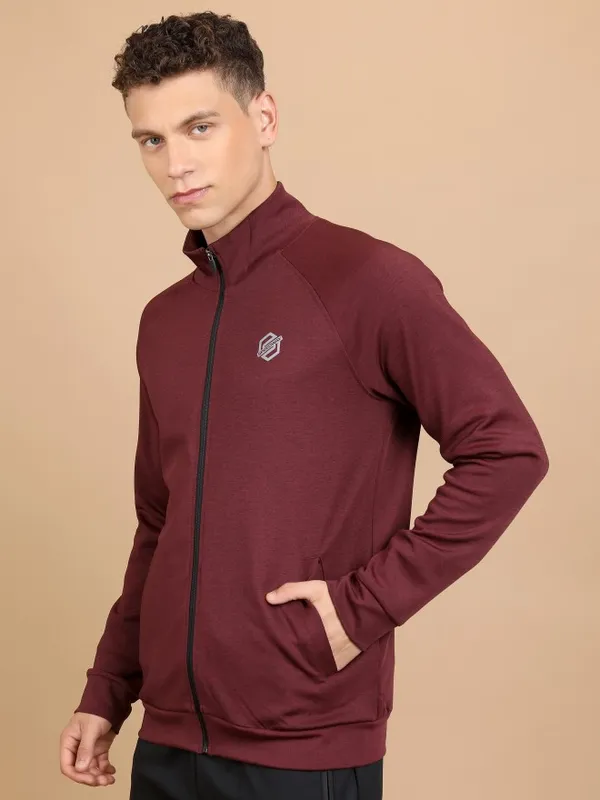  Highlander Men Maroon High Neck Front-Open Sweatshirts