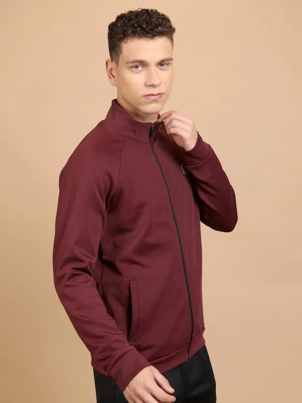  Highlander Men Maroon High Neck Front-Open Sweatshirts