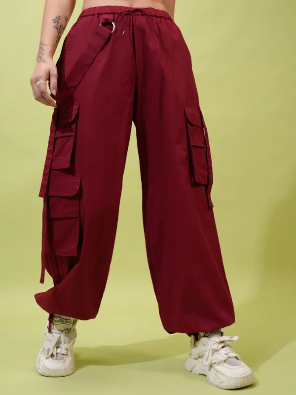 Tokyo Talkies Women Maroon Solid Straight Fit Casual Trousers