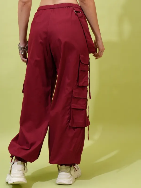  Tokyo Talkies Women Maroon Solid Straight Fit Casual Trousers