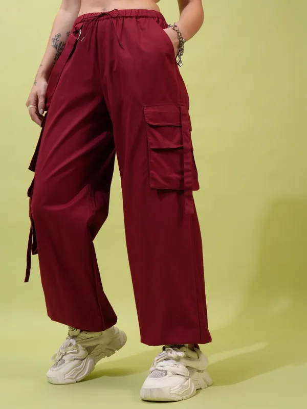  Tokyo Talkies Women Maroon Solid Straight Fit Casual Trousers