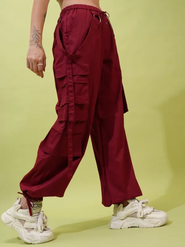  Tokyo Talkies Women Maroon Solid Straight Fit Casual Trousers
