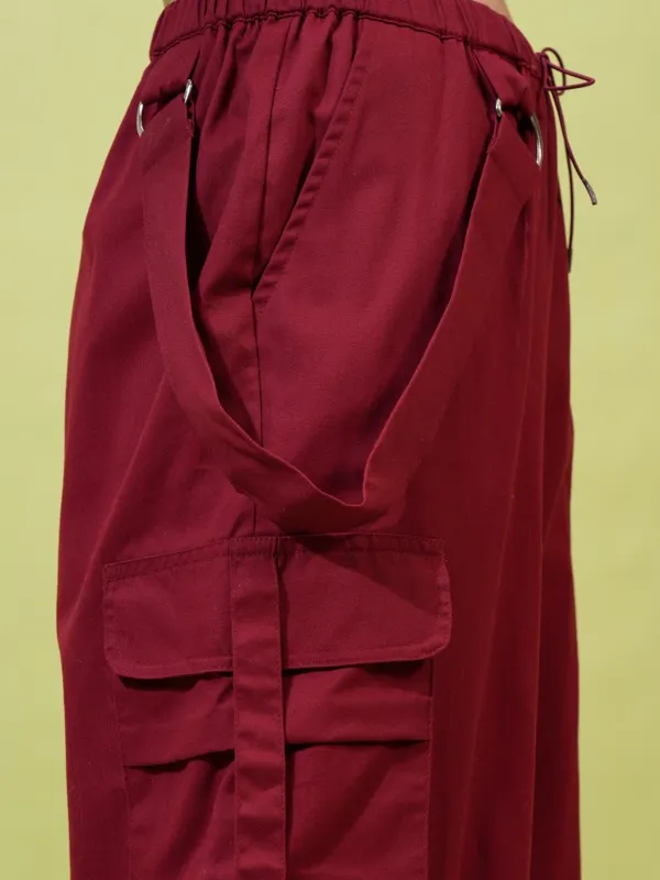  Tokyo Talkies Women Maroon Solid Straight Fit Casual Trousers