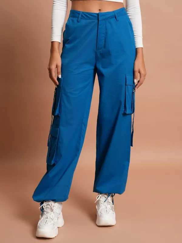  Tokyo Talkies Women Blue Solid Regular Fit Casual Trousers