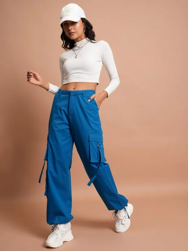  Tokyo Talkies Women Blue Solid Regular Fit Casual Trousers