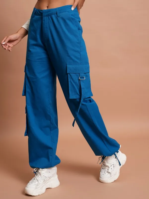  Tokyo Talkies Women Blue Solid Regular Fit Casual Trousers