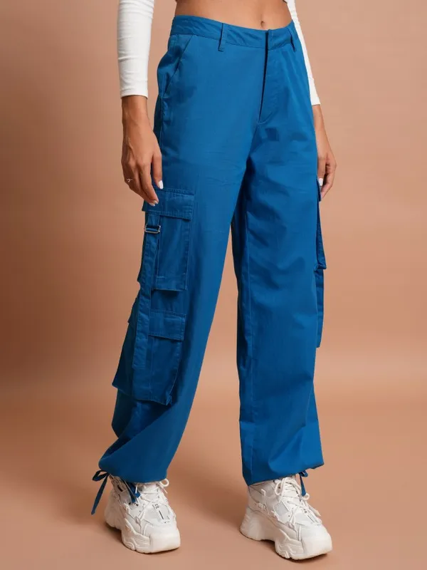  Tokyo Talkies Women Blue Solid Regular Fit Casual Trousers