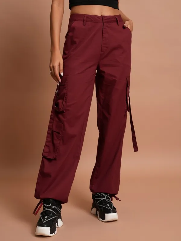  Tokyo Talkies Women Maroon Solid Flared Casual Trousers