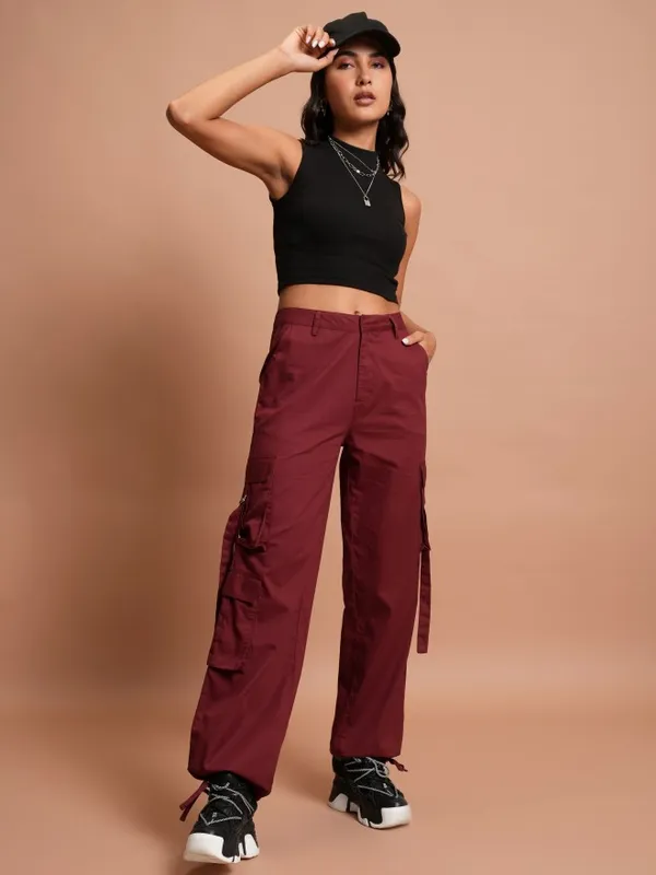  Tokyo Talkies Women Maroon Solid Flared Casual Trousers
