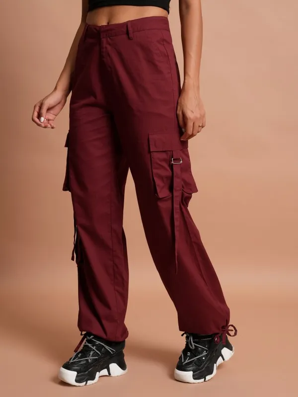 Tokyo Talkies Women Maroon Solid Flared Casual Trousers