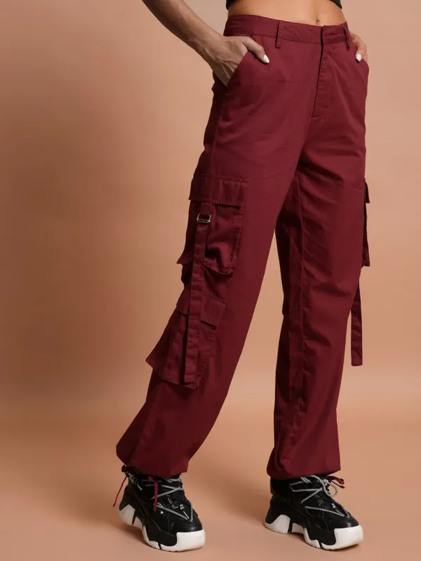  Tokyo Talkies Women Maroon Solid Flared Casual Trousers