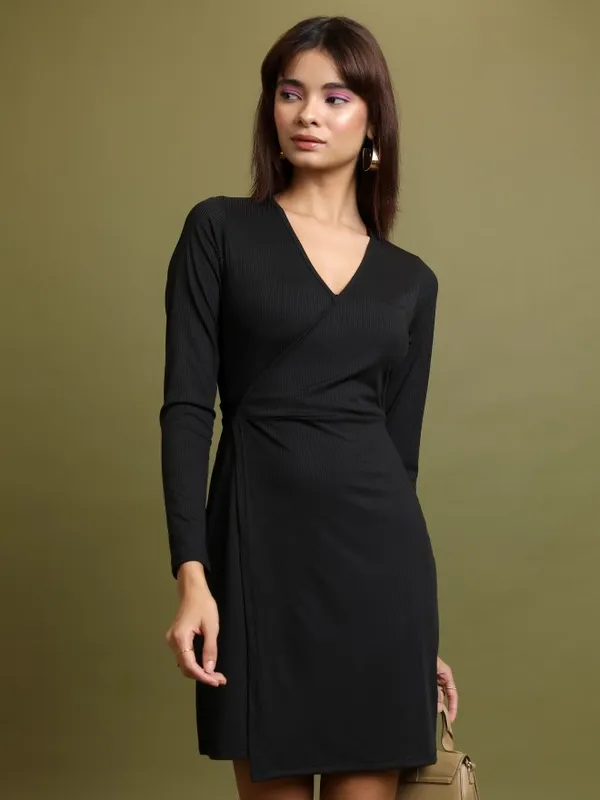 Tokyo Talkies Women Black Solid Wrap Dress