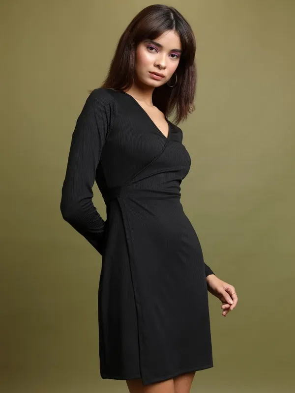 Tokyo Talkies Women Black Solid Wrap Dress