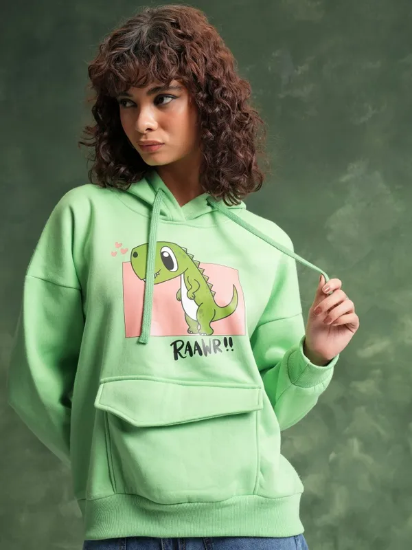  Tokyo Talkies Women Green Printed Pullover Hood Sweatshirts