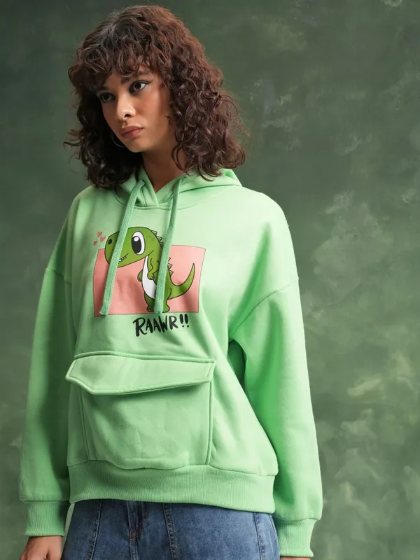  Tokyo Talkies Women Green Printed Pullover Hood Sweatshirts