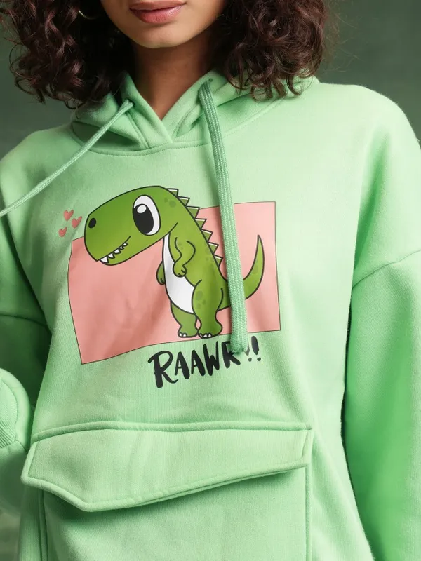  Tokyo Talkies Women Green Printed Pullover Hood Sweatshirts