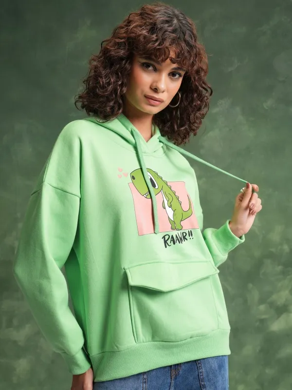  Tokyo Talkies Women Green Printed Pullover Hood Sweatshirts