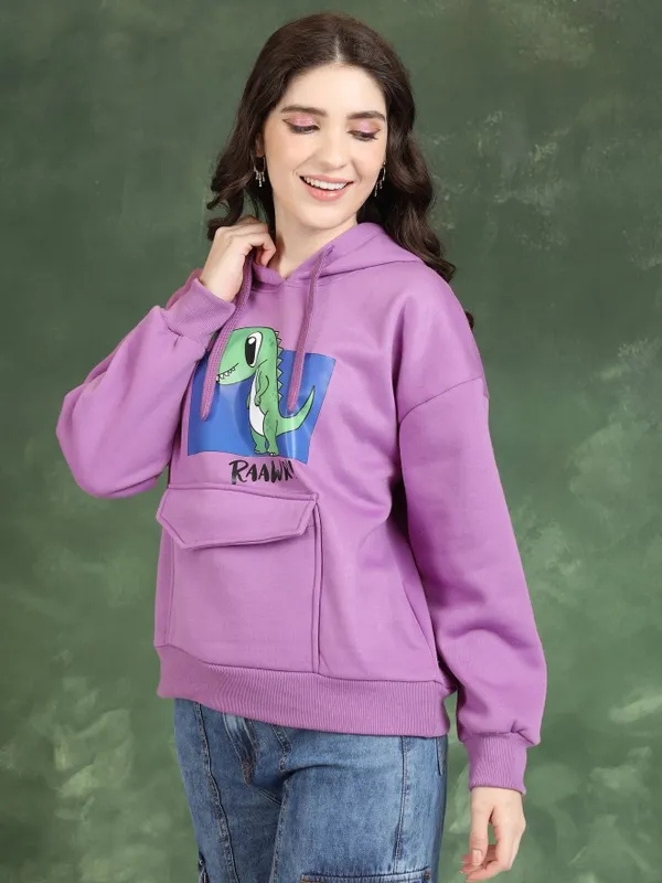  Tokyo Talkies Women Purple Printed Pullover Hood Sweatshirts
