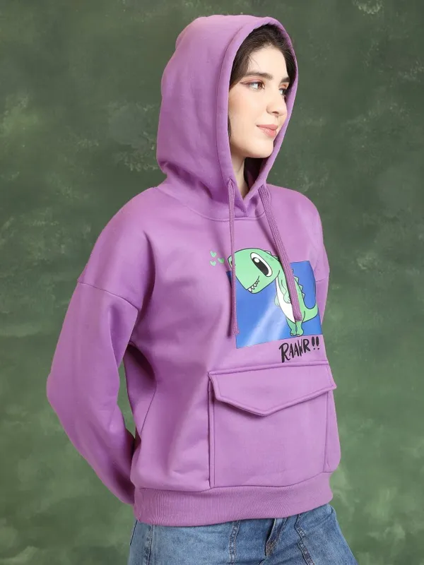  Tokyo Talkies Women Purple Printed Pullover Hood Sweatshirts