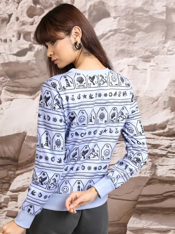  Tokyo Talkies Women Blue Printed Pullover Round Neck Sweatshirts