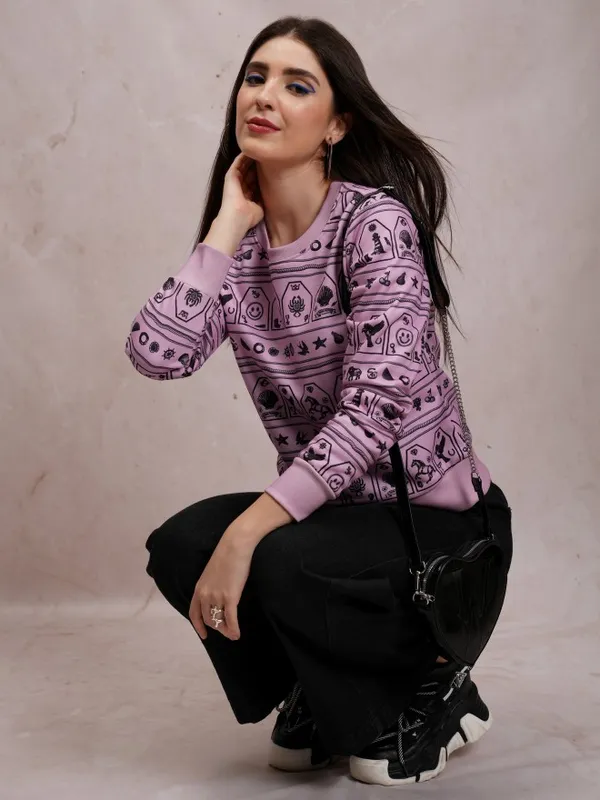  Tokyo Talkies Women Pink Printed Pullover Round Neck Sweatshirts