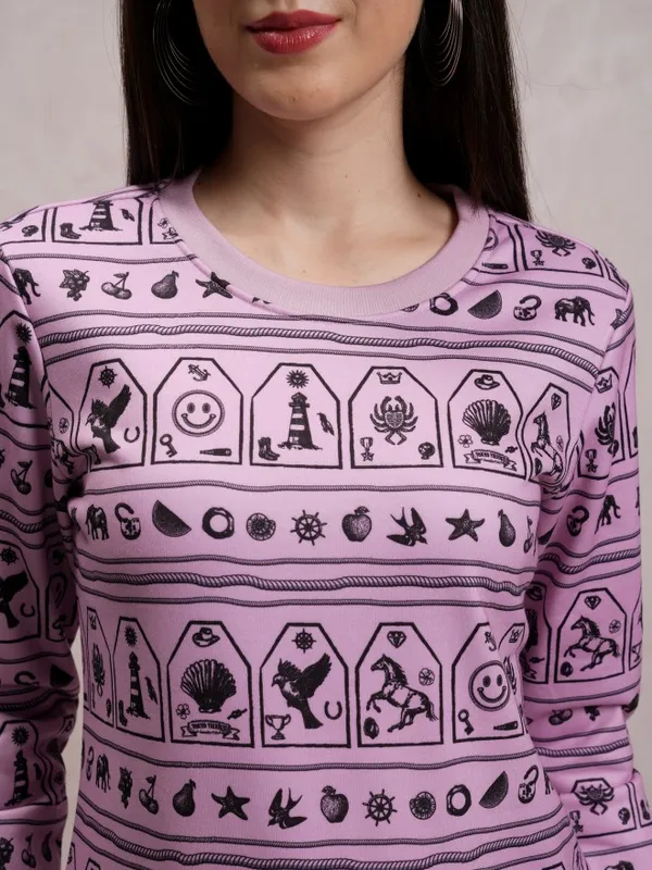  Tokyo Talkies Women Pink Printed Pullover Round Neck Sweatshirts
