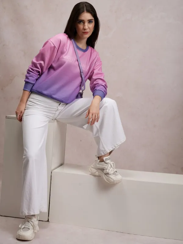  Tokyo Talkies Women Lavender Printed Pullover Round Neck Sweatshirts